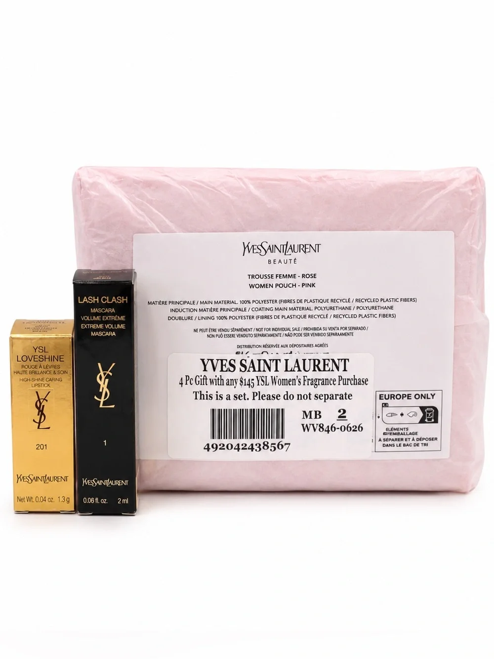 YSL Pink Beauty Pouch + Lash Clash Mascara & Loveshine Mini Set-NWT